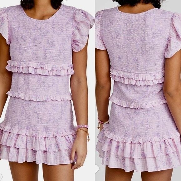 LoveShackFancy Aveline smocked pink flutter ruffle mini dress large MSRP $425 - Picture 1 of 9